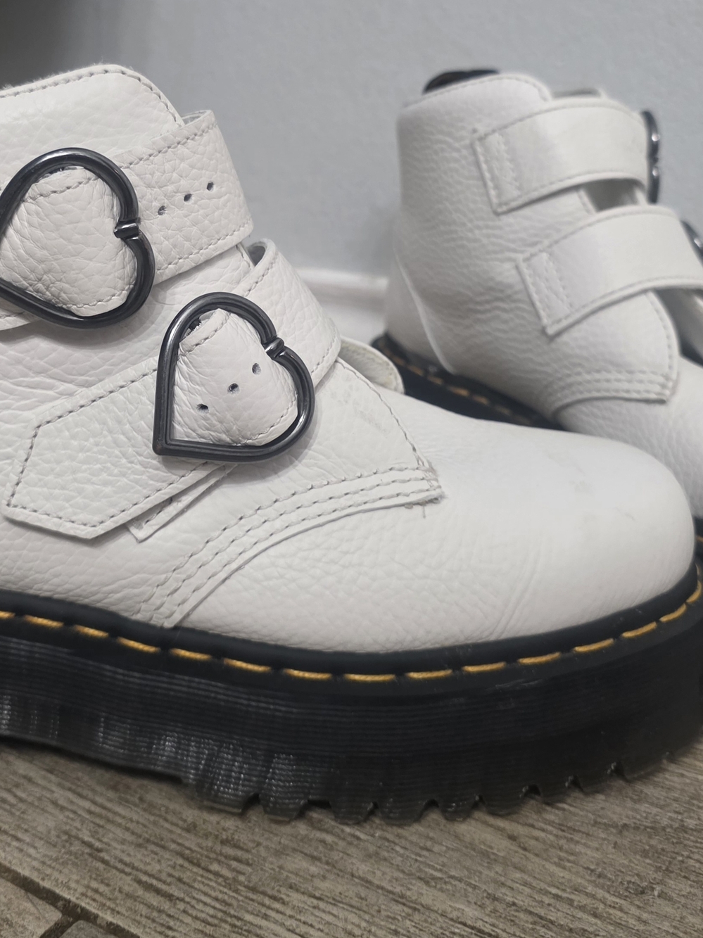 Dr. Martens White Devon Heart Buckle Leather Ankle Boots